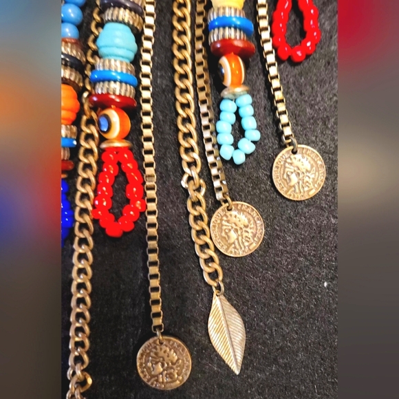 Aldo Statement Necklace Ethnic Beaded Dangles Gold Tone Curb Chain Bib 26" - Picture 3 of 5